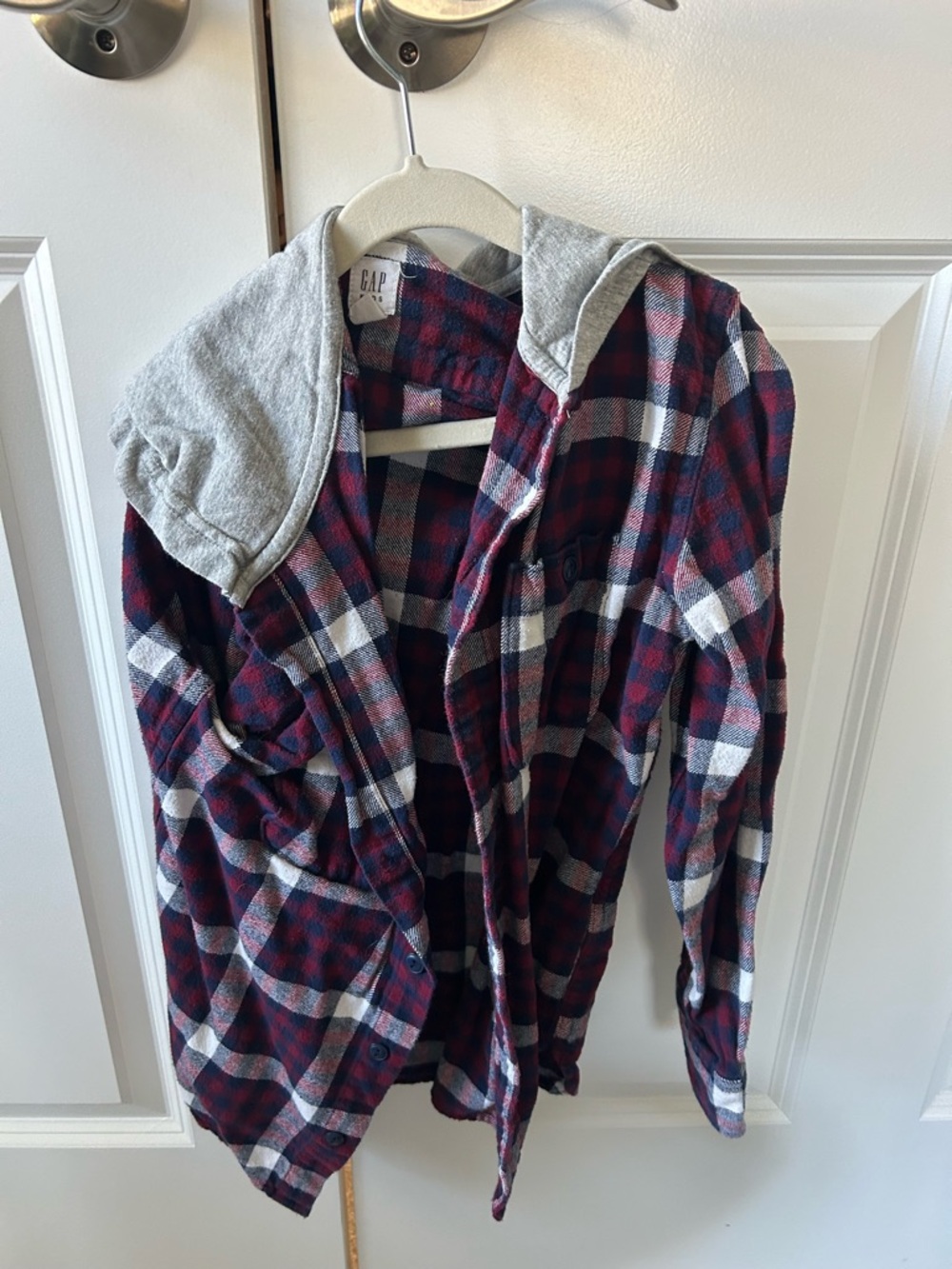 GAP Kids Hooded Plaid Shirt Jacket - Navy, Red, Gray
